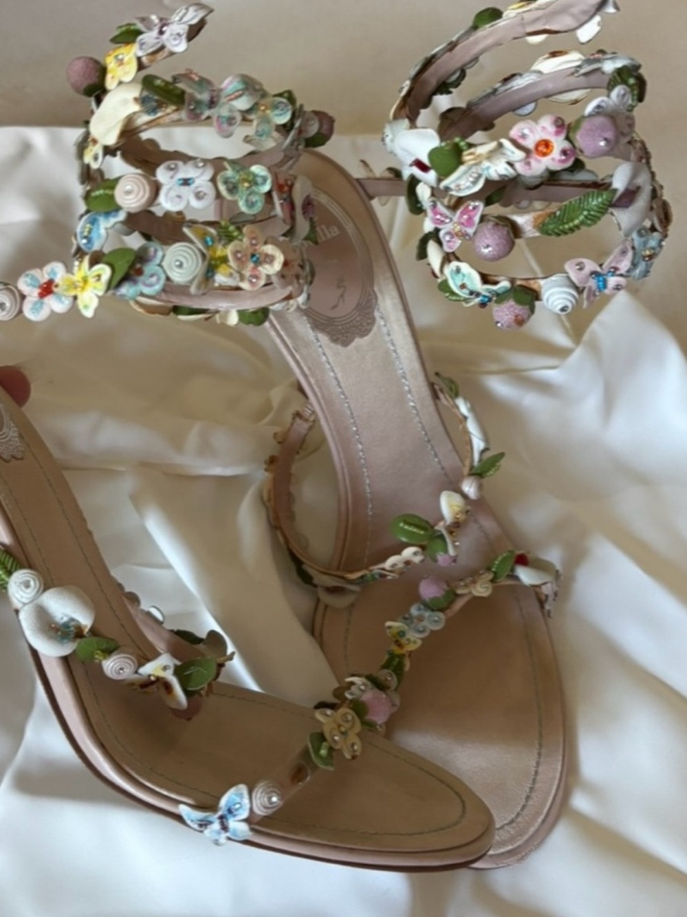 IN SEARCH OF Rene Caovilla Nude Floral Appliqué Wrap Heels